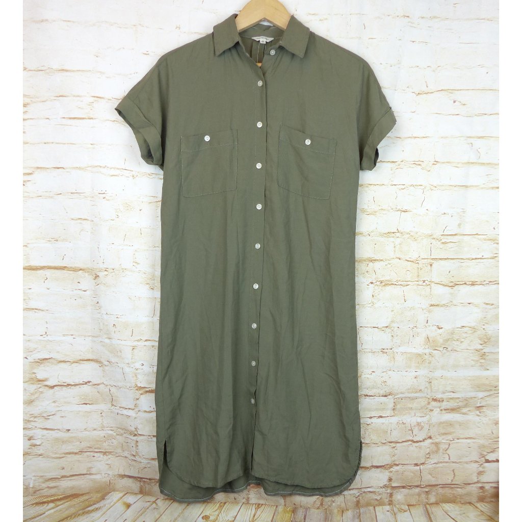 Max Studio Shirt Dress Womens Xs Olive Army Green Utility Pockets Button Ss